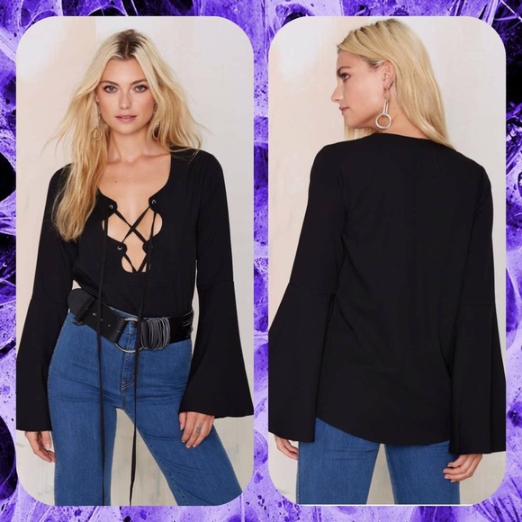 NWT- Black long bell sleeve lace up top