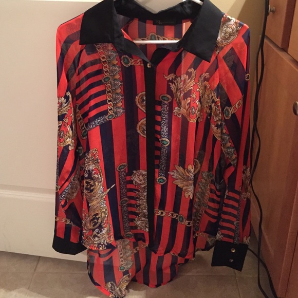 High Low Sheer Button Down Chain Top - Picture 1 of 2