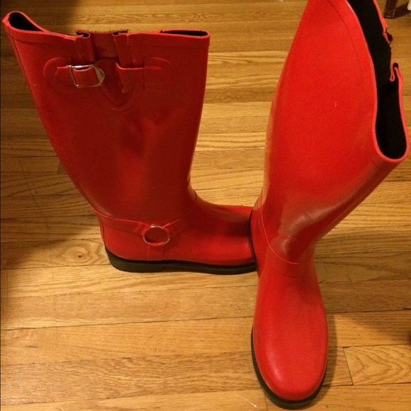 Red Rain Boots with Buckle Detail
