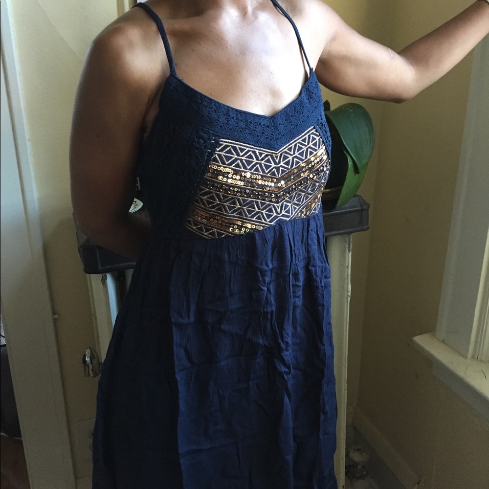 Navy Blue Gold Sequin Embroidered Dress