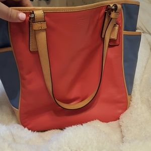 Cute coral and cornflower colored coach tote
