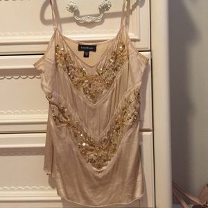Silk Bebe tank with gold sequin embroidery