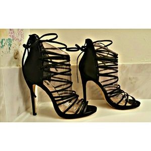 Marcelle Black Leather Strappy Heels