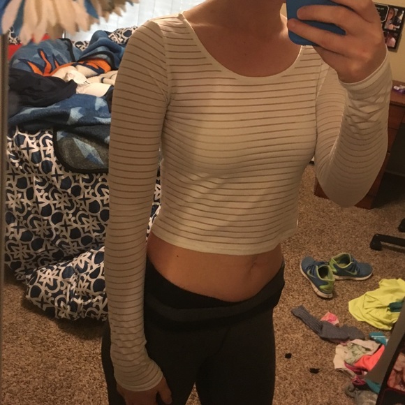 White Striped Long Sleeve Crop Top - Picture 1 of 4