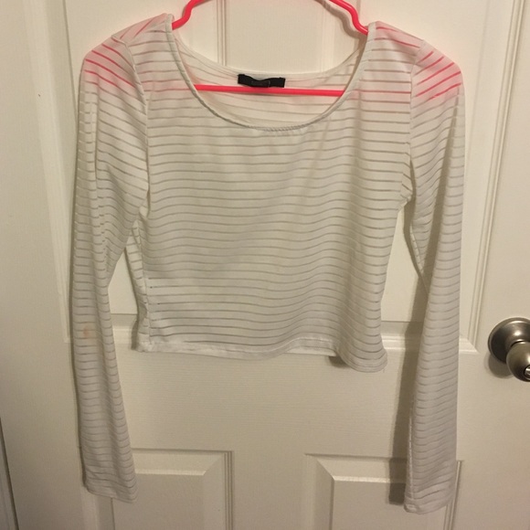 White Striped Long Sleeve Crop Top - Picture 2 of 4