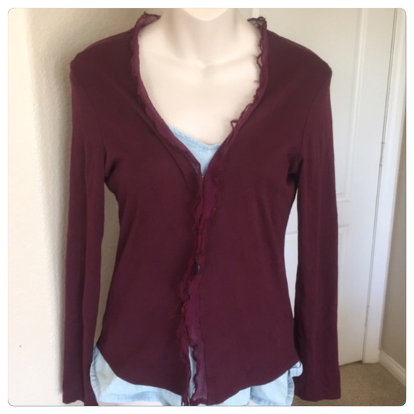Anthropologie Sweaters - ♣️ Anthropologie Moth burgundy ruffle cardigan