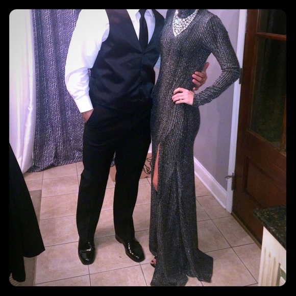 Silver floor length gown w/ mock neck and train