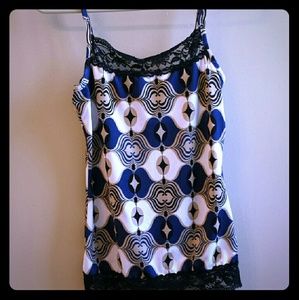 Patterned camisole with black lace trim