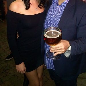 Off-shoulder, black long sleeve mini dress