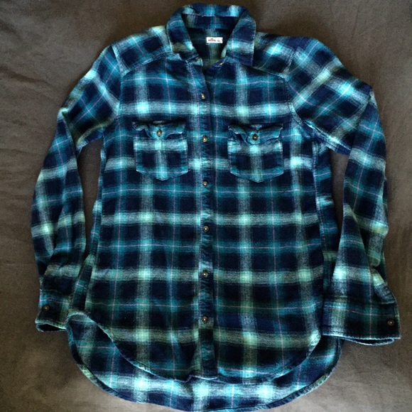 Hollister Navy Teal Plaid Flannel Top