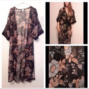 Sheer floral kimono robe with satin tie