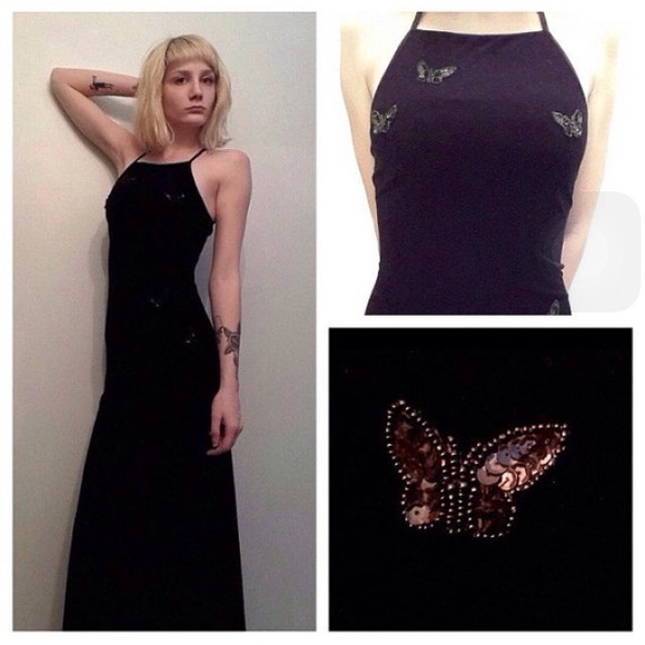 1990s Black Velvet Butterfly Formal Dress