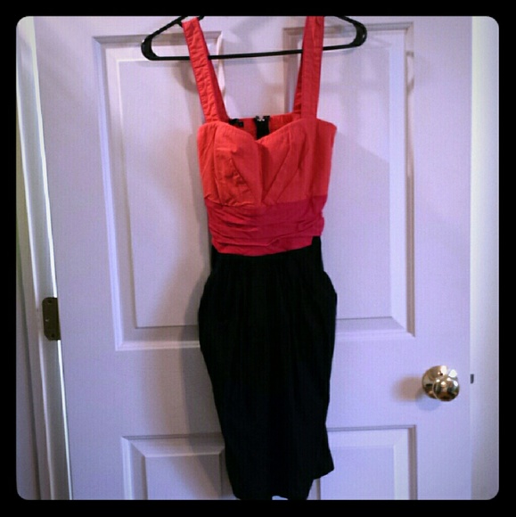 Coral, Pink and Black Dress with Pockets