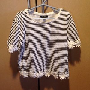 Topshop flower crop top white and navy blue strips