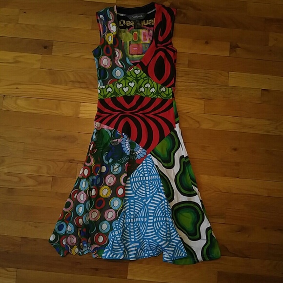 Desigual cotton dress deep v neck. Bold print