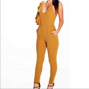 Mustard one shoulder skinny leg jumpsuit