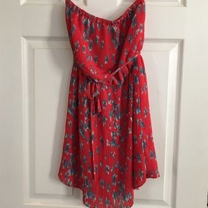 Strapless mid thigh red floral dress
