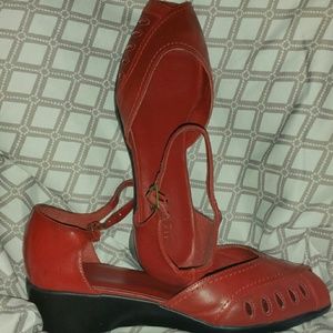 Red wedge peep toe sandals.
