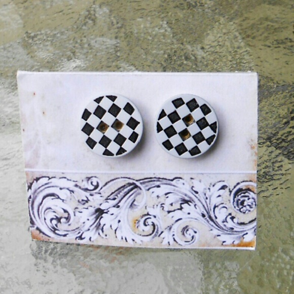 B & W Check Button Earrings