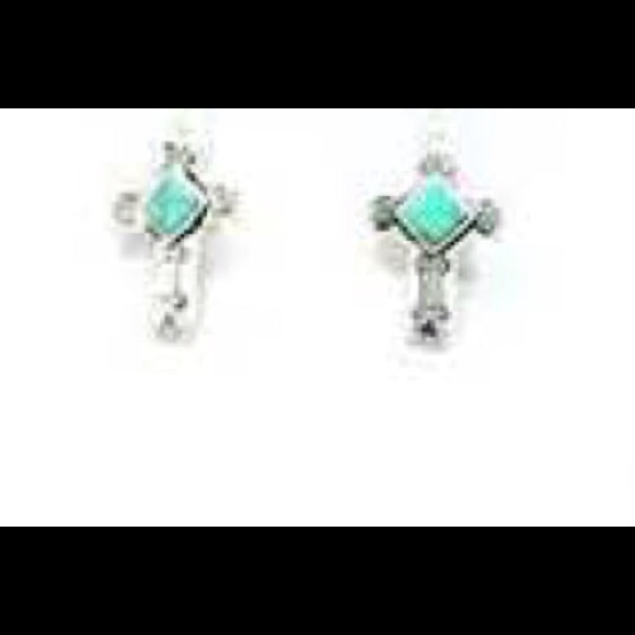 Silver tone cross and crescent turquoise necklace. - Picture 3 of 3