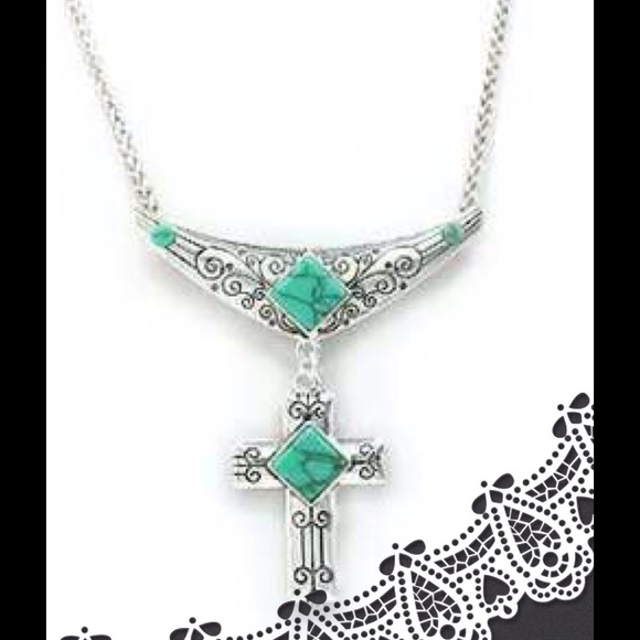 Silver tone cross and crescent turquoise necklace. - Picture 2 of 3