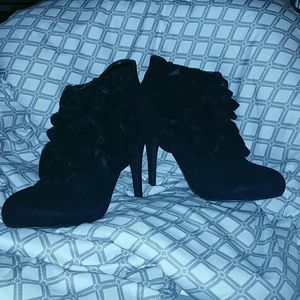 Black Suede Ruffled Bootie with a 5 inch heel