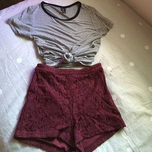 Burgundy lace high waist shorts