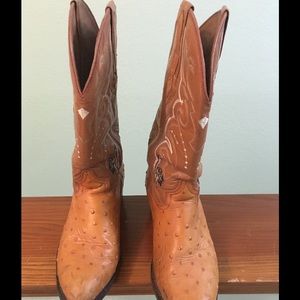 Cognac full-quill ostrich cowboy boots, size 9-9.5