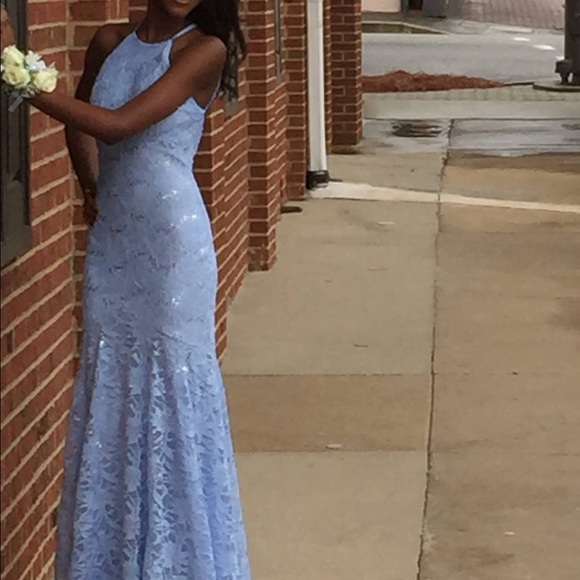 Beautiful light blue, backless, lace prom dress