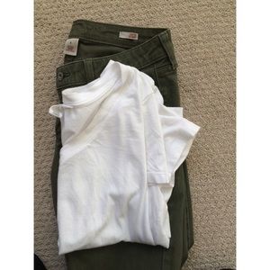 Army green pants with plain white tee shirt