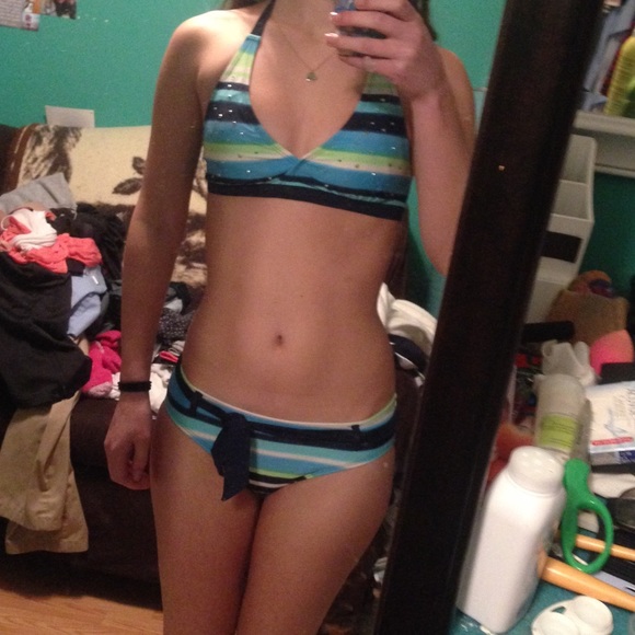 Blue, Green and White Striped Bikini Bathing Suit