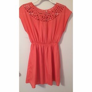 Coral Dress with Lace Collar Detail
