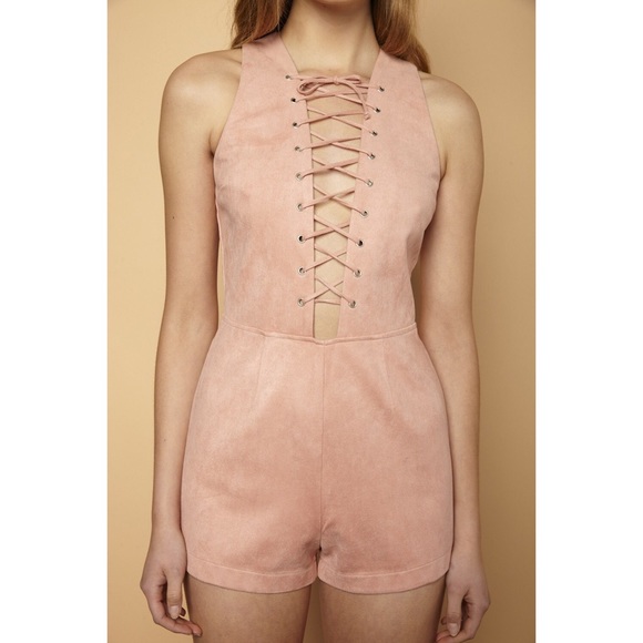 ✖️SOLD✖️Pink Lace Up Faux Suede Sleeveless Romper - Picture 2 of 4