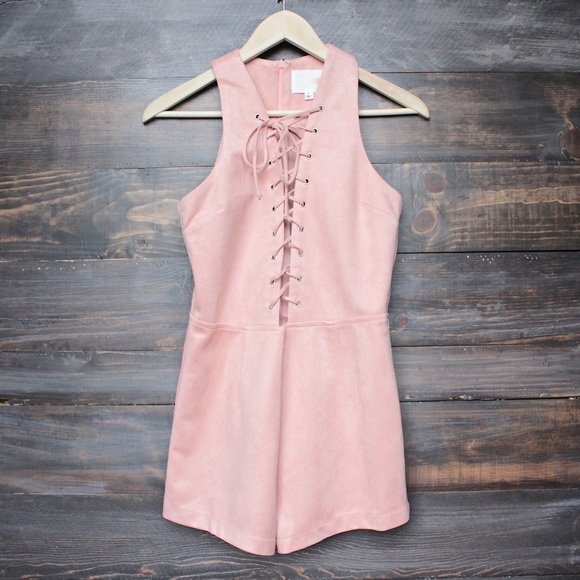 ✖️SOLD✖️Pink Lace Up Faux Suede Sleeveless Romper - Picture 4 of 4