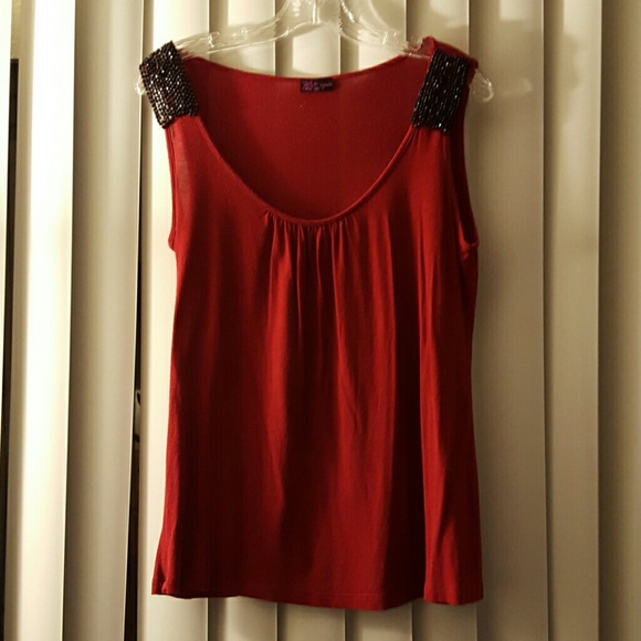 Red sleeveless top with black beading