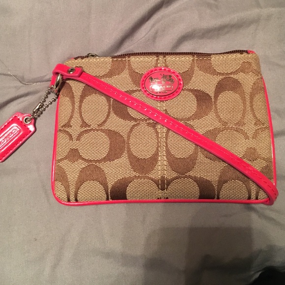 Coach Handbags - Coach Signature Khaki/Watermelon Wristlet