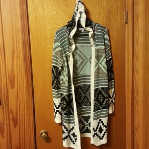 Hooded Aztec printed cardigan