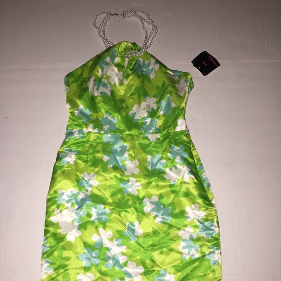 Cynthia Howie Parrot Green White Neck Dress 4P