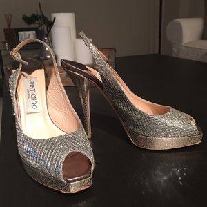 Jimmy Choo "Clue" Silver Glitter Slingback Shoes