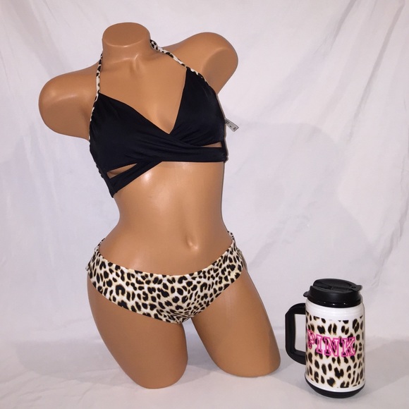 VS PINK Leopard Criss-Cross Bikini Set W/ Chug Mug