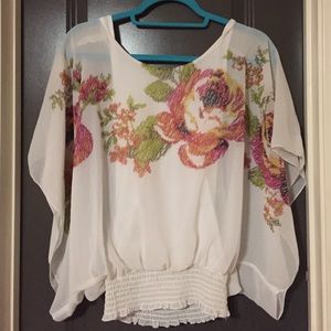 American Rag chiffon floral shirt, cinches waist