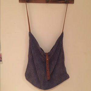 Blue Cotton LOVE STITCH BAG with brown strap.