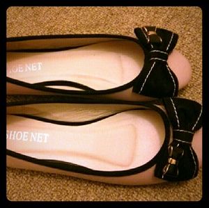 Pink Ballet Flats with Black and Gold Bows