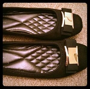 Black Flats with Gold Bow Design