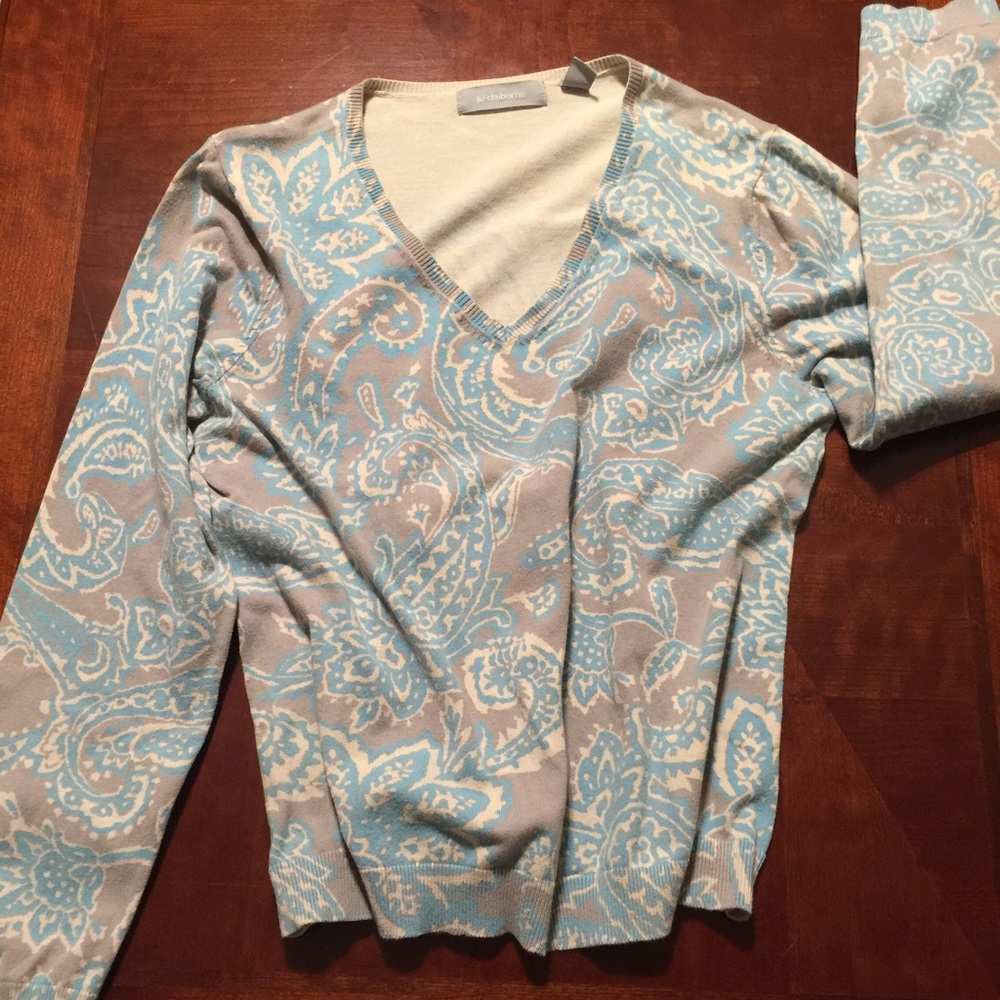 Gray, cream, and teal sweater