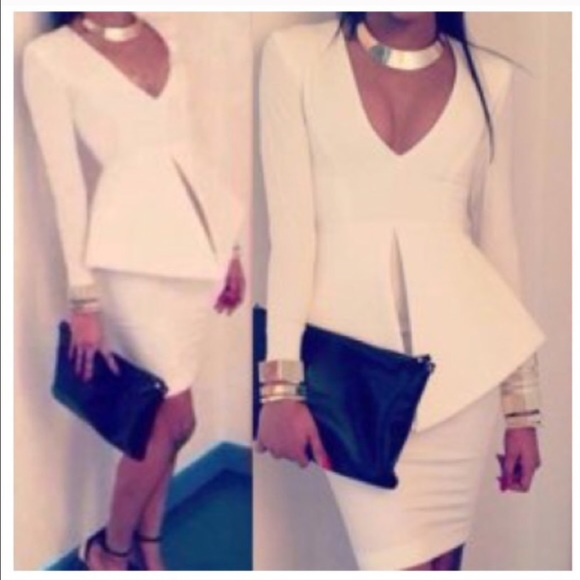 White Peplum V Cut Dress