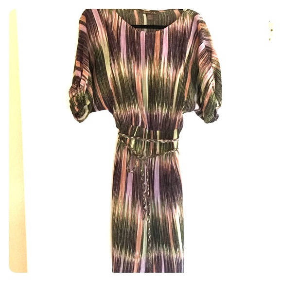 Multi-colored gathered waist with braided belt.