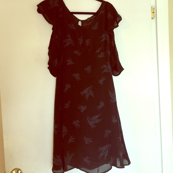 Black flowy above the knee dress with blue birds.