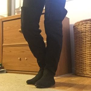 black faux suede thigh high boots