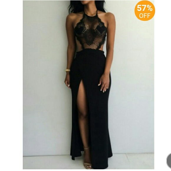 Lace top halter dress with high leg slit